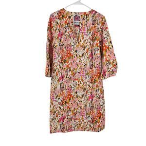 Lesley Evers Shift Dress Multicolor Floral Split V-neck Long Sleeve Mini Size M